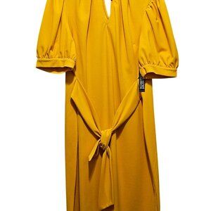 NY&C Womens Mustard Yellow Keyhole Neck Puff Sleeve Belted Midi Dress Size XXXL